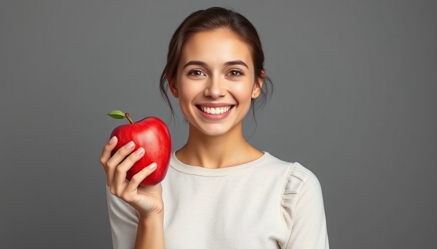 Young woman holding a green apple and red heart, symbolizing foods to lower blood pressure.