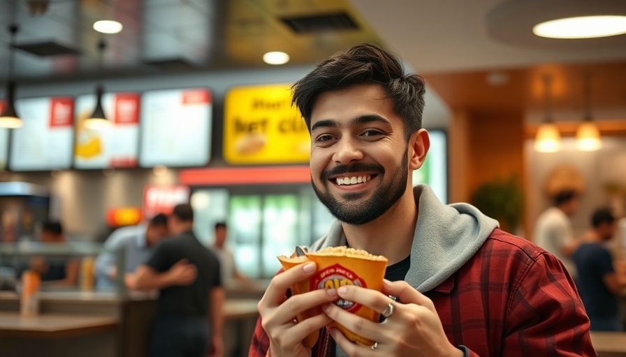 Casual man smiling while holding a snack in a restaurant, Doritos Super Bowl Ad.