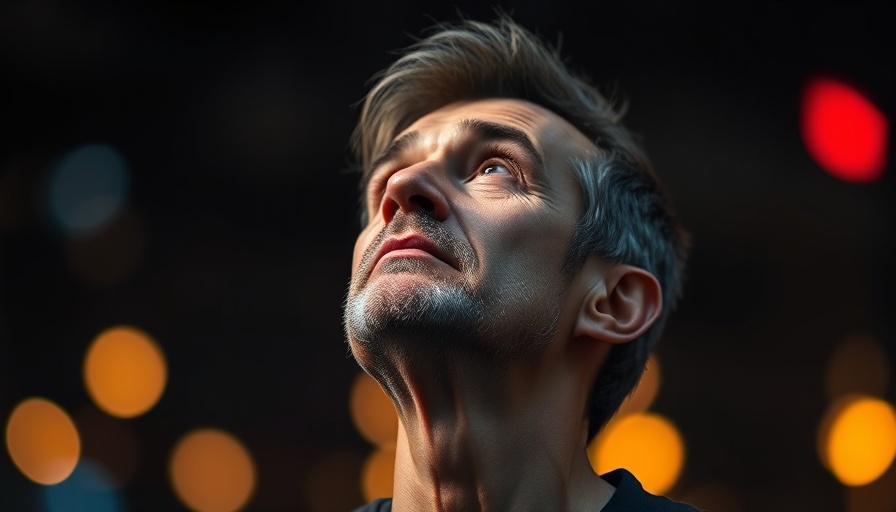 Contemplative man in soft lighting with vibrant bokeh background.