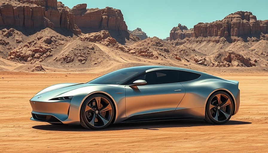 Sleek silver electric car in desert landscape, American EV with longest driving range.