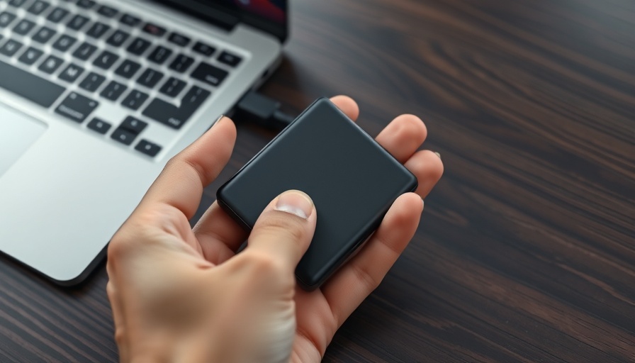 Hand holding external SSD connected to MacBook.