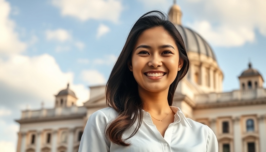 Young woman smiling in front of domed building, photorealistic.