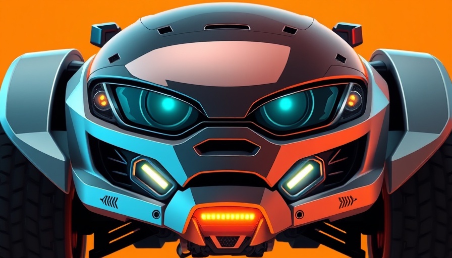 Futuristic hybrid car and humanoid robot face, vibrant orange backdrop.