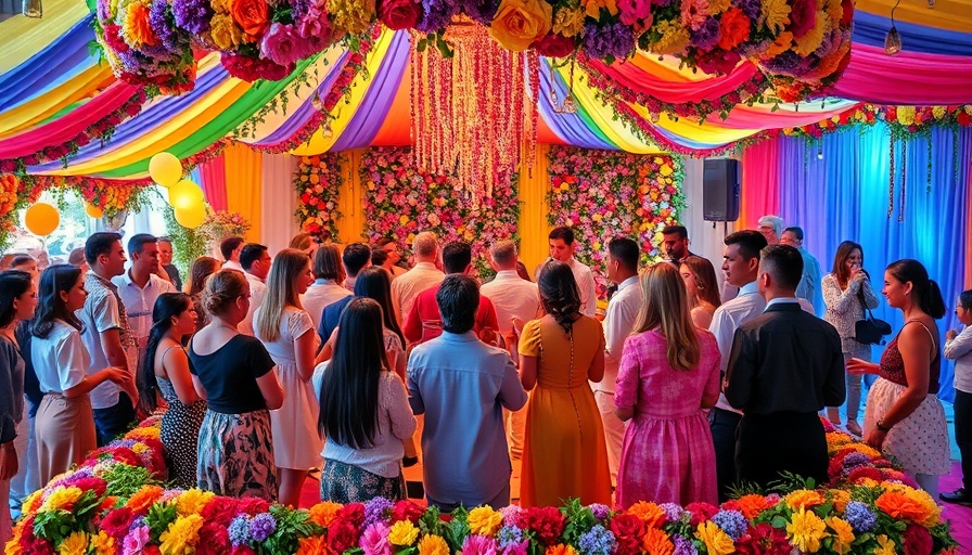 Thailand same-sex marriage event celebration with vibrant floral decorations.