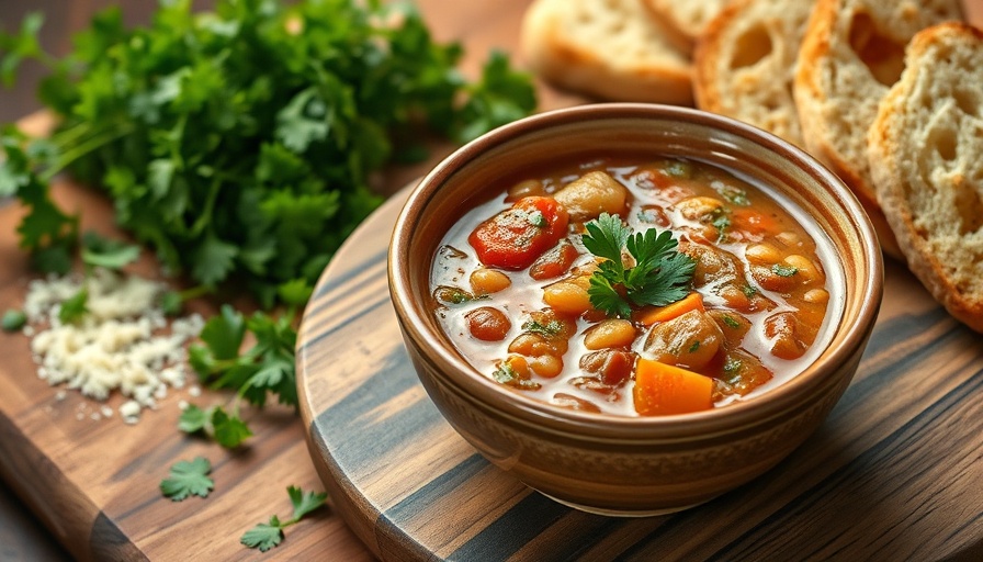 Italian lentil soup with garlic bread and herbs.