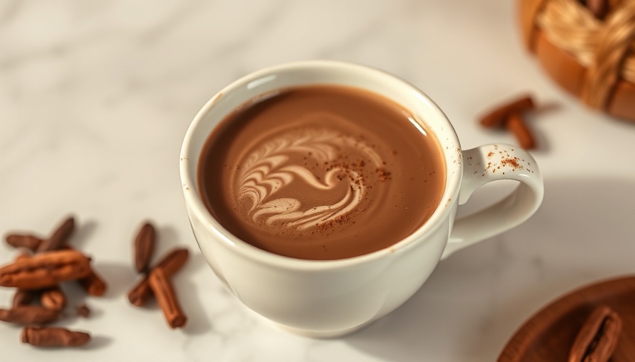 Earthy ceramic cup of cacao powder hot chocolate on marble.