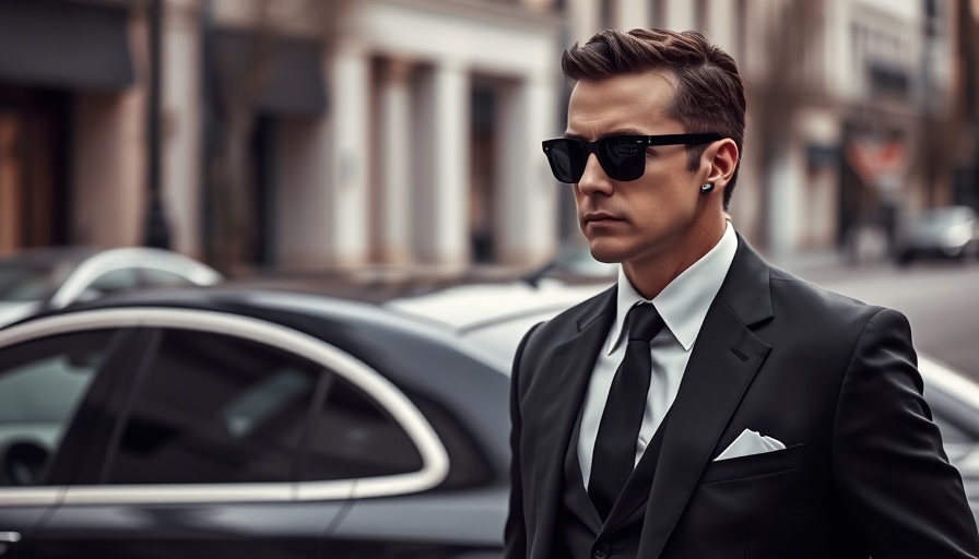 Man in suit and sunglasses providing on-demand bodyguard services.