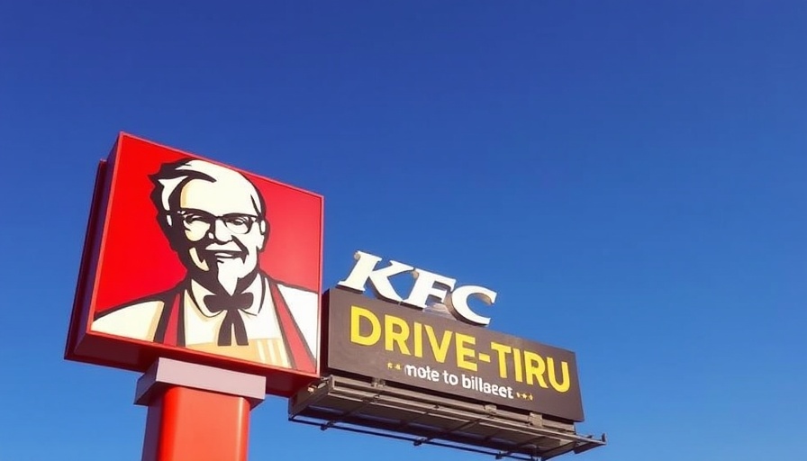 KFC sign against a blue sky, highlighting drive-thru open.