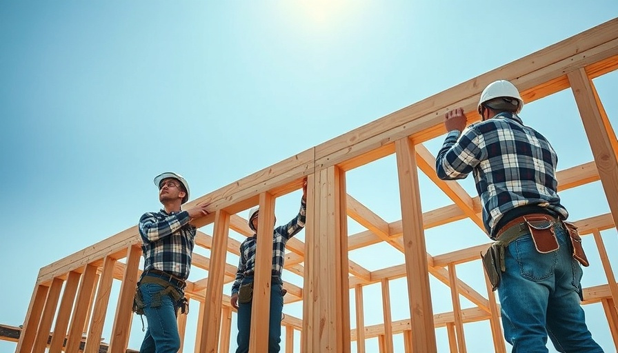 U.S. homebuilder sentiment drops as construction workers assemble wooden framework.