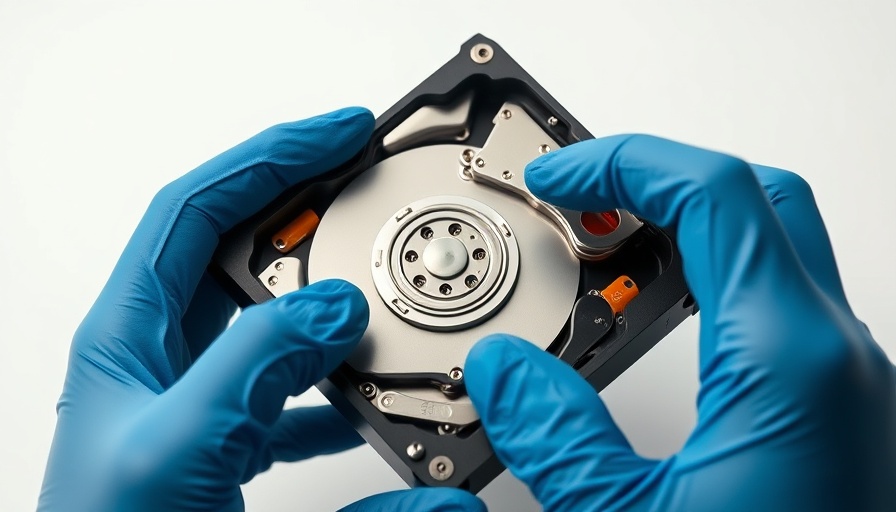 Close-up of helium hard drive being examined with gloves.