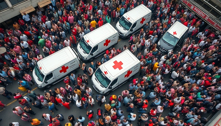 Aerial view of crowd around Red Cross vehicles, symbolic gathering.