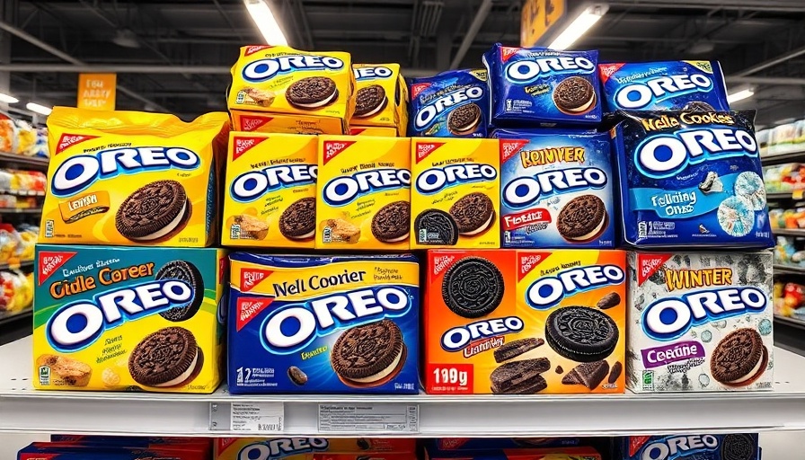 Assorted Oreo packages showcasing various flavors on a store shelf.