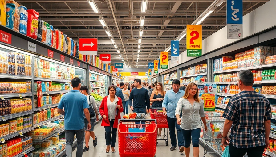 Shoppers browsing in Walmart aisle, vibrant products, engaging ambiance.