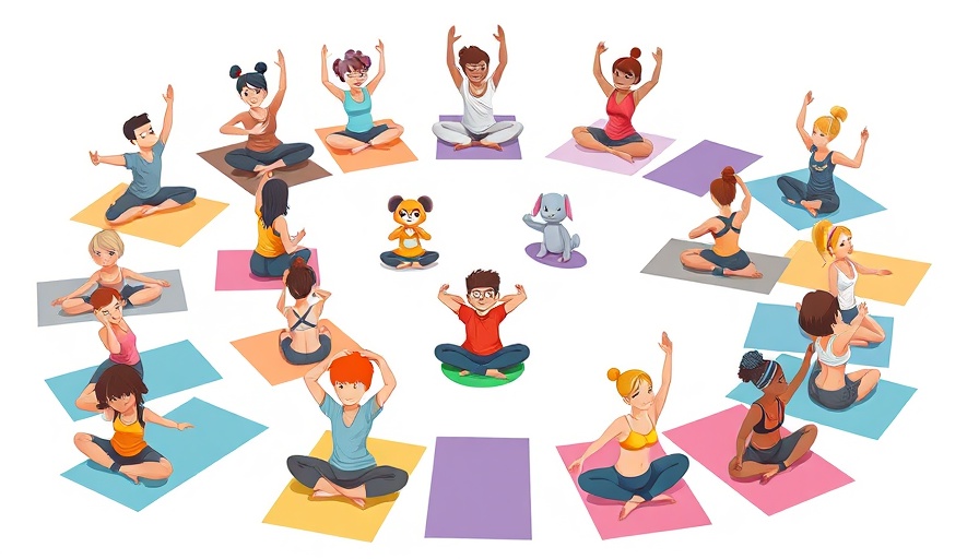 Whimsical cartoon yoga class illustrating biodegradable alternative to spandex