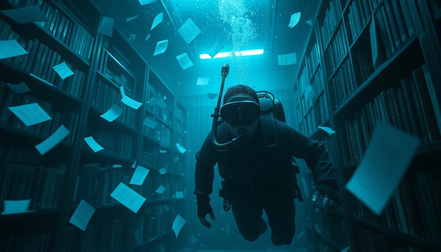 Diver in flooded library symbolizing Google Deep Research tool.