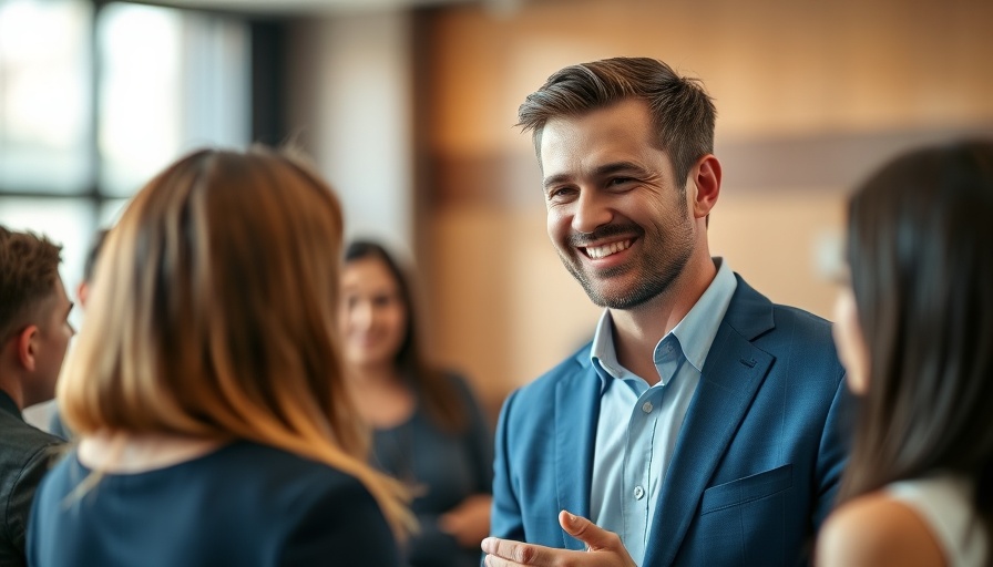 Smiling man in blue suit conversing with colleagues indoors.