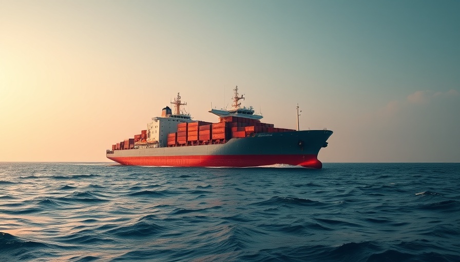 Massive cargo ship with red tint in the ocean, symbolizing Trump's China tariffs impact on small businesses.