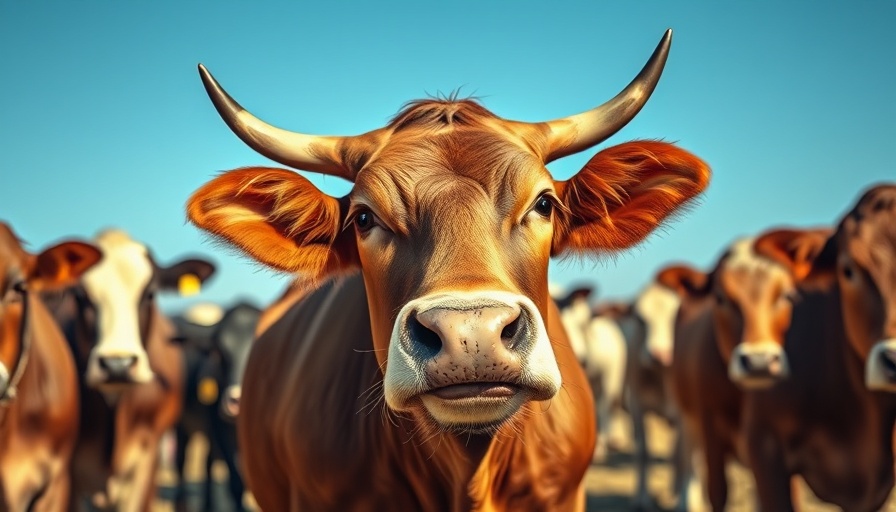 Curious brown cow at Nebraska farm, symbolizing meat industry.