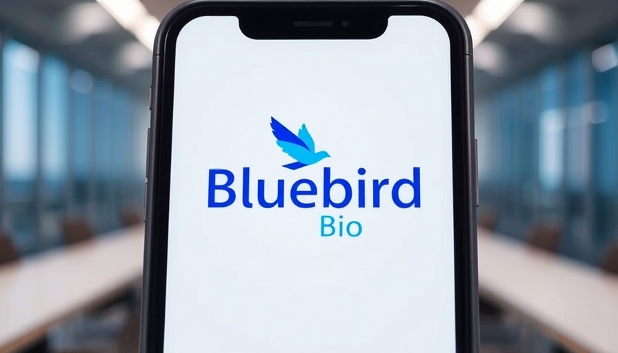 Smartphone with Bluebird Bio logo in corporate setting, indicating sale to private equity.