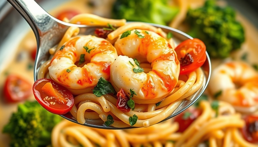 Creamy prawn orzo with sun-dried tomatoes in a spoon, vibrant colors.