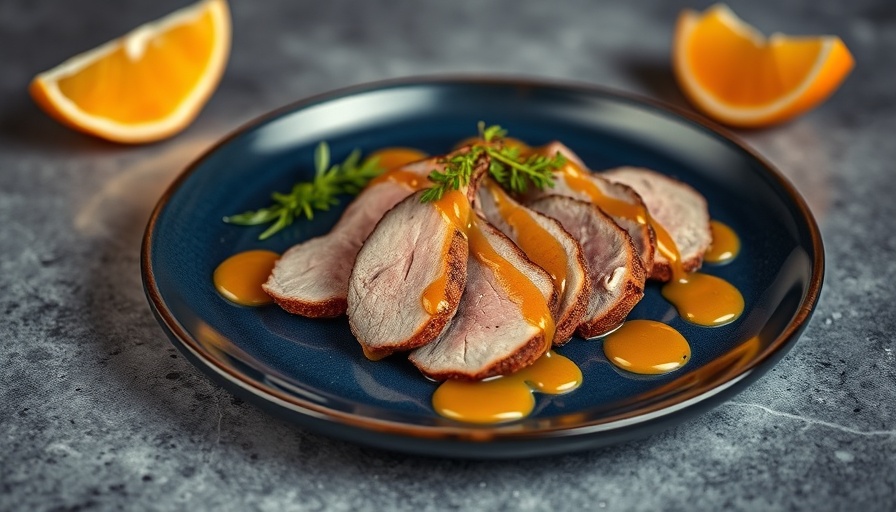 Duck breast with orange sauce on blue plate with green salad.