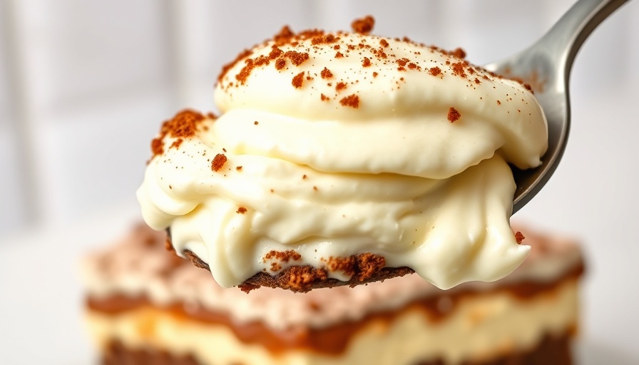 Egg-free tiramisu close-up, spoonful lifted over dish.