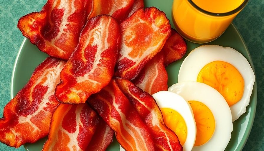 Crisp bacon, eggs, and orange juice on a vibrant green background representing grocery prices increase.