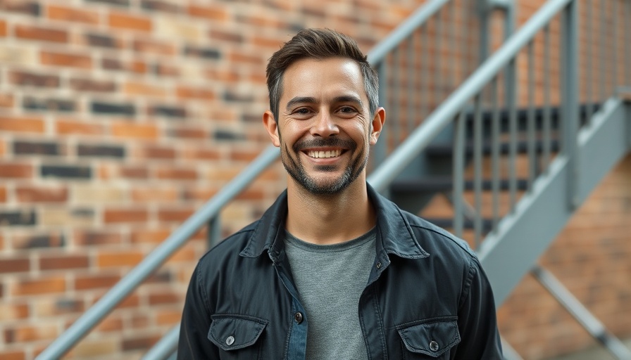 Casual adult man smiling warmly outdoors.