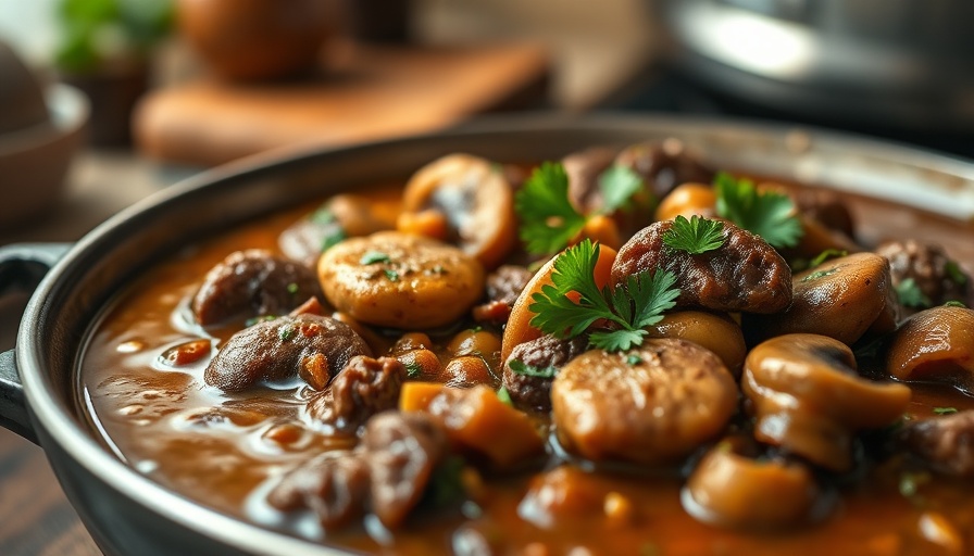 Beef and mushroom stew in a bowl - perfect low-carb main dish.