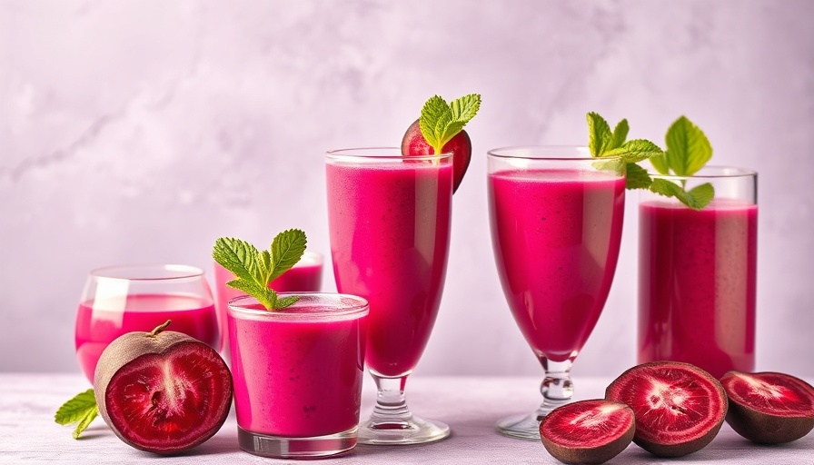 Vibrant sweet beets smoothie recipe in glasses against purple background.