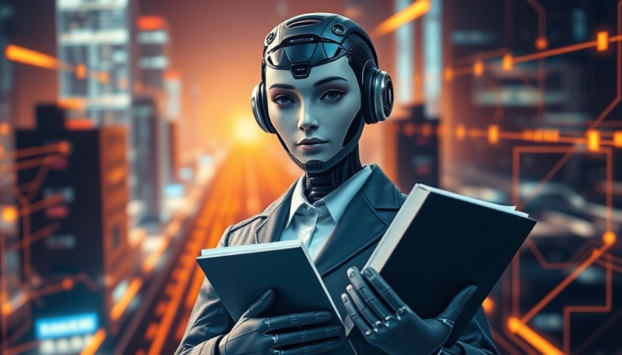 Futuristic AI paralegal holding books in abstract digital setting.