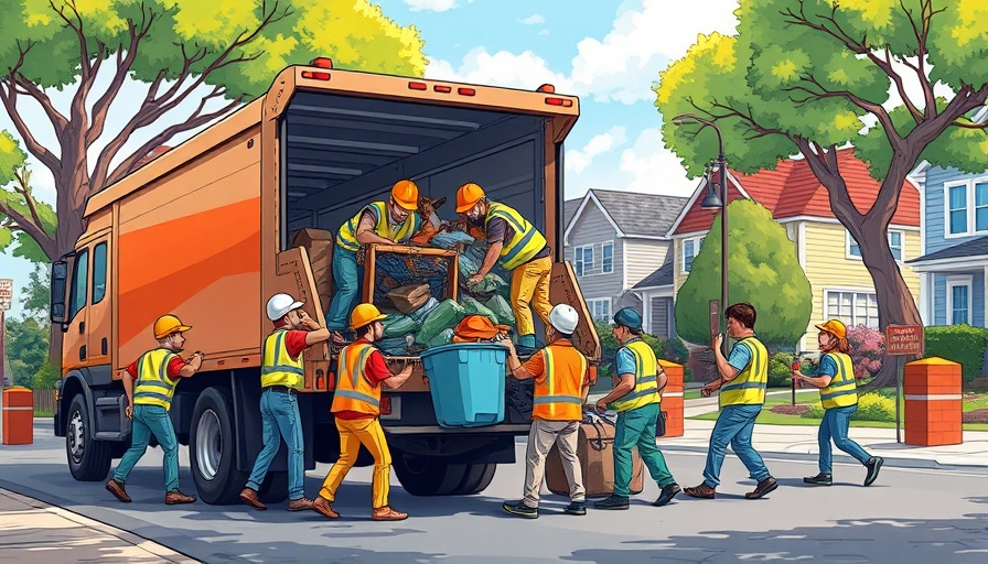 Cartoon illustration of garbage workers on a suburban street.