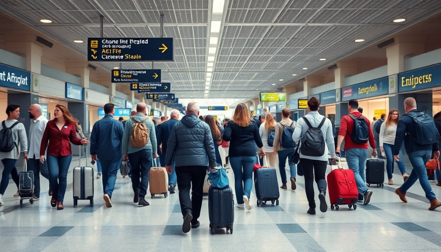 Travelers with luggage in airport terminal, candid airport scene.