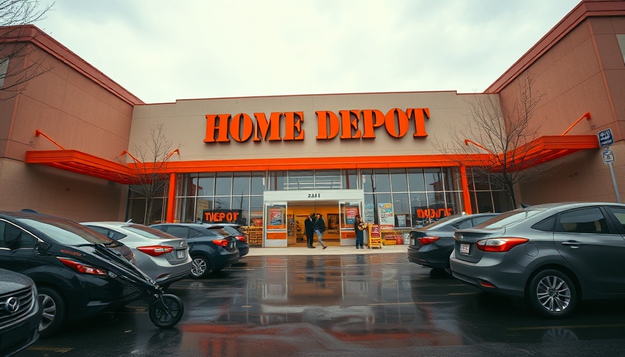 Home Depot store exterior with parked cars, overcast sky.