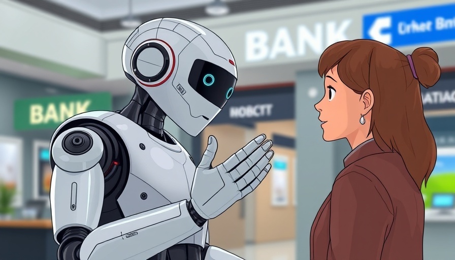 Futuristic humanoid robot and human connecting in a bank, Cartoon Style.