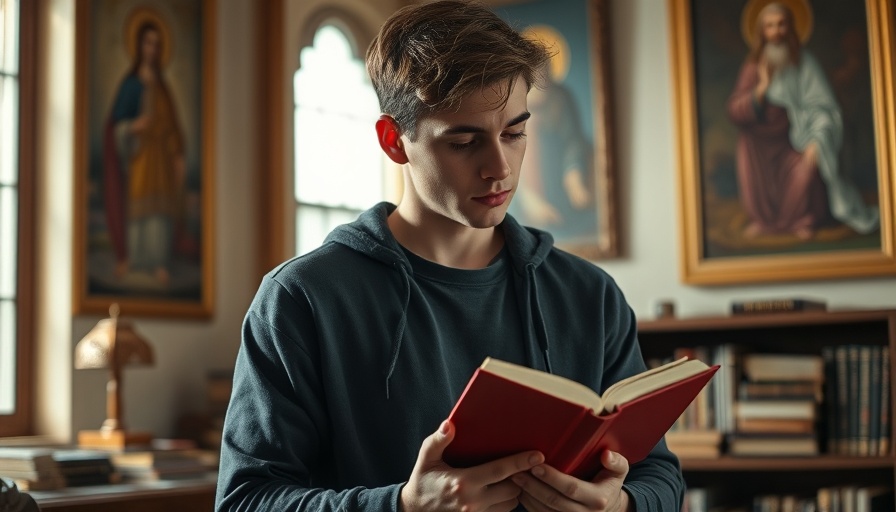 Young man reflecting with a book on ordinary testimonies in Christian faith.