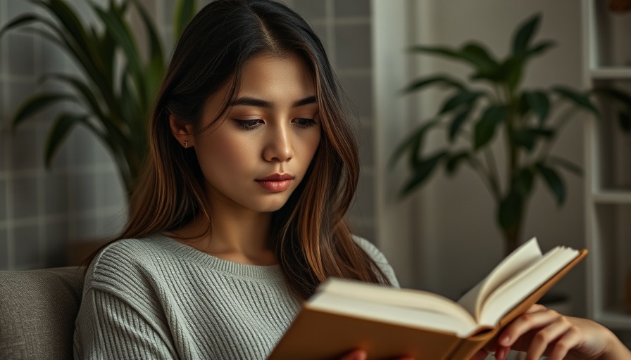 Young woman reading a book indoors, See Change campaign setting.