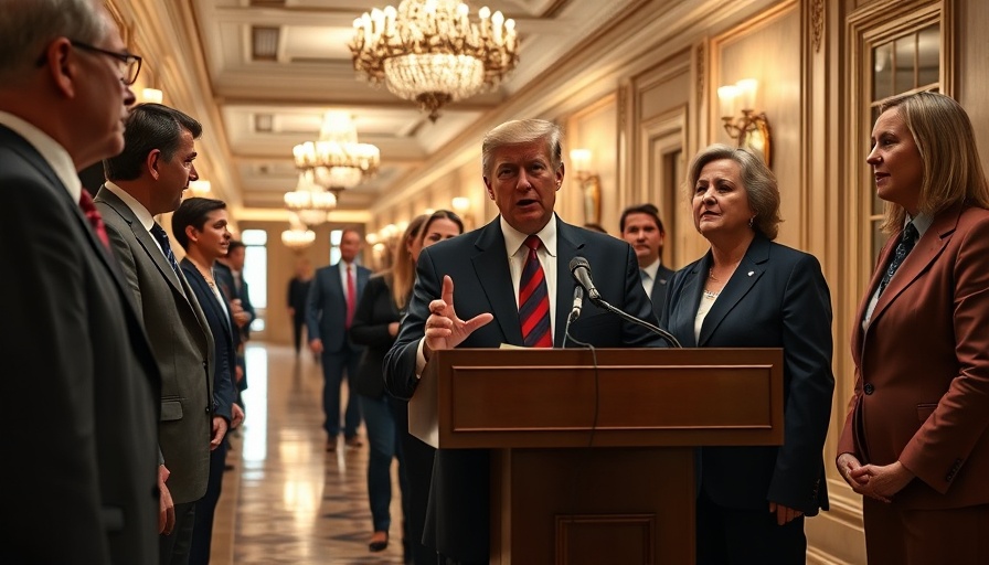 Political figures discussing Elon Musk CFPB data at a podium, ornate hallway.