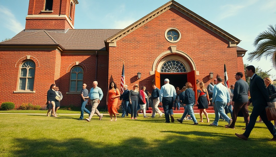 Congregants leaving a red brick church, symbolizing community interaction.