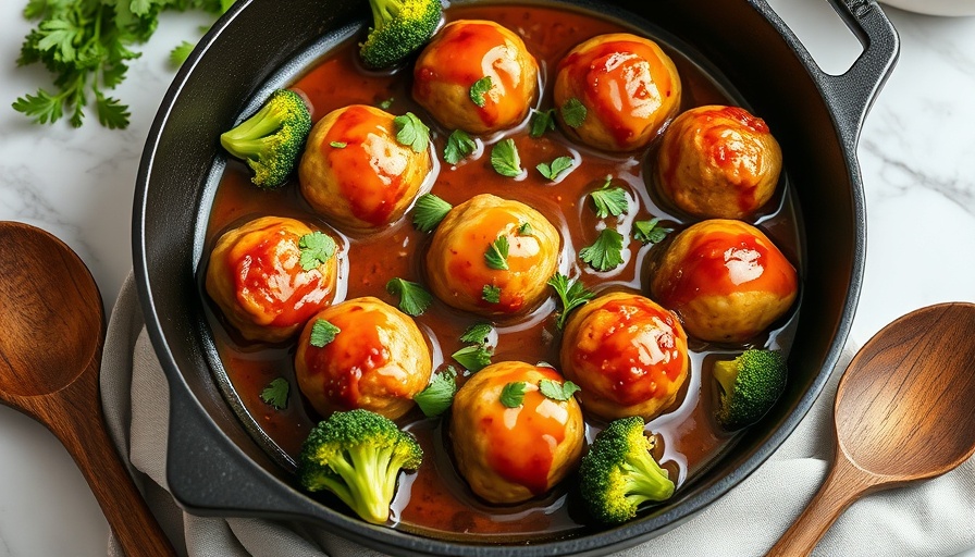 High-protein lunch idea with glazed meatballs and broccoli in skillet.