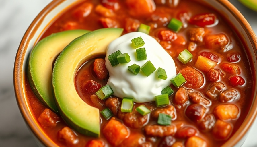 Slow cooker protein chili with avocado and sour cream topping.