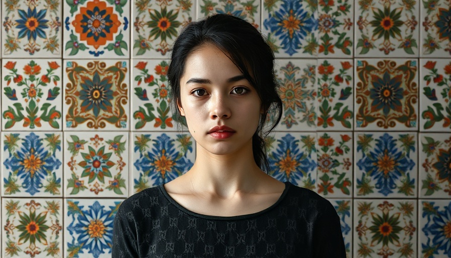 Young woman against intricate patterned tiles in North Africa.