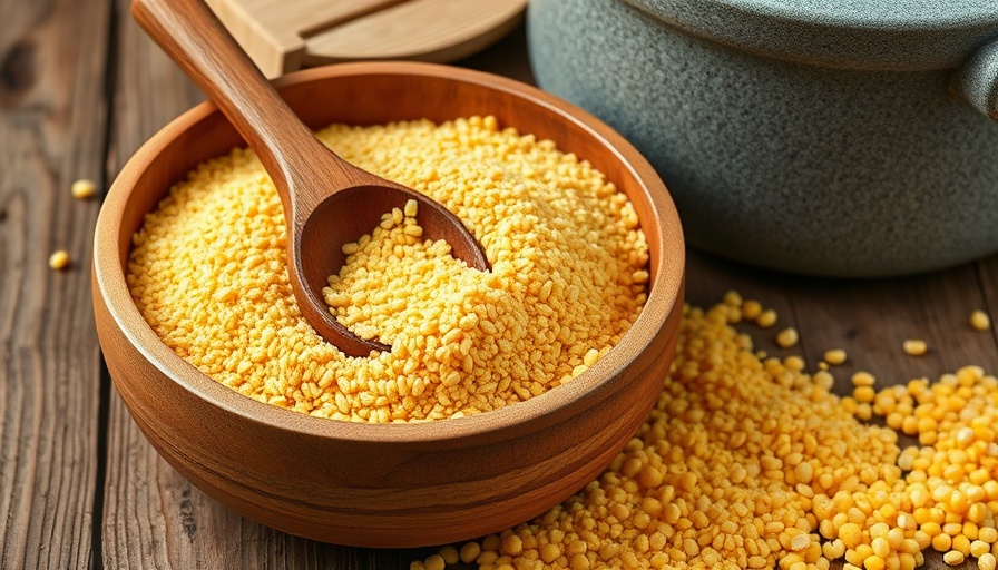 Coarse yellow cornmeal and spoon on rustic table with cooking pot.