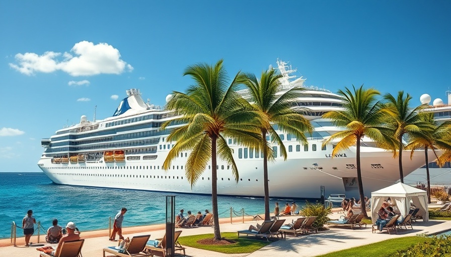 Cruise ships in tropical paradise, palm trees and blue sky.