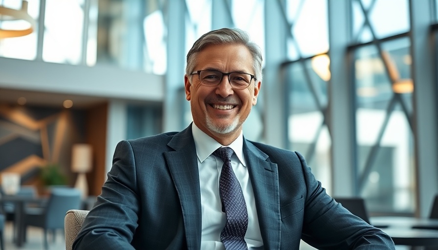 Professional man smiling in a modern office setting.