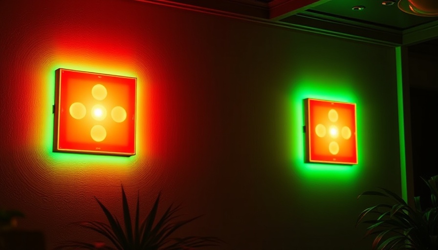 Govee Mini Panel Lights glowing in red and green on a wall.