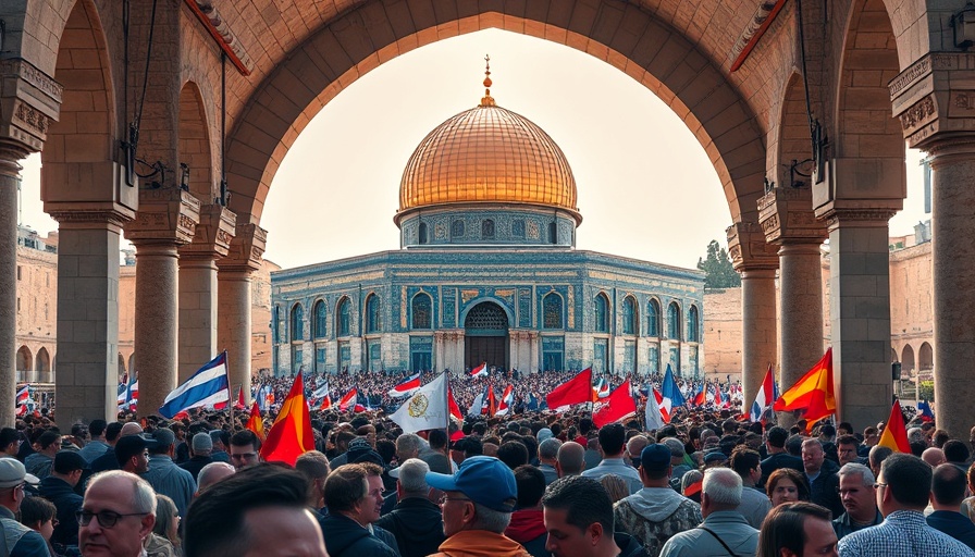 Crowd at Dome of the Rock, flags visible.