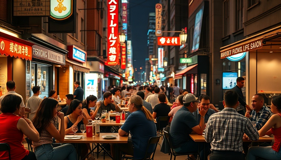 Diverse diners enjoying a meal at night in urban outdoor setting.