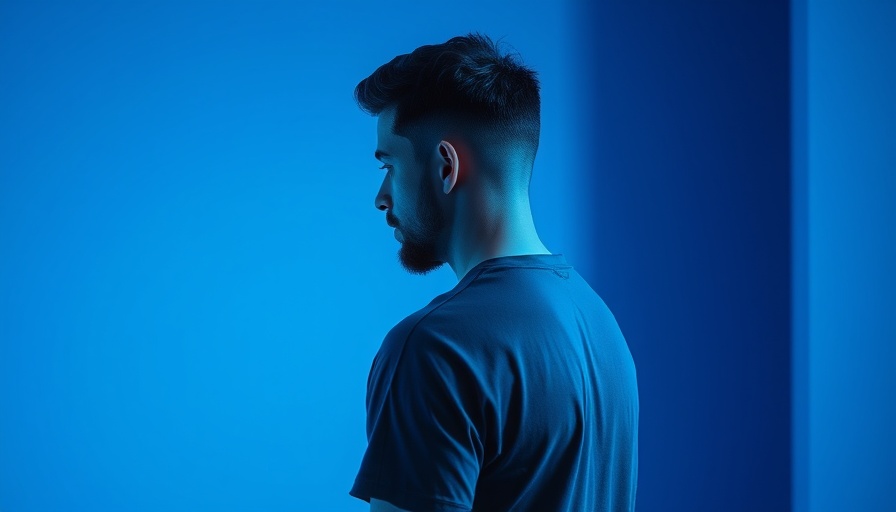 Man with logo t-shirt in a blue minimalist setting