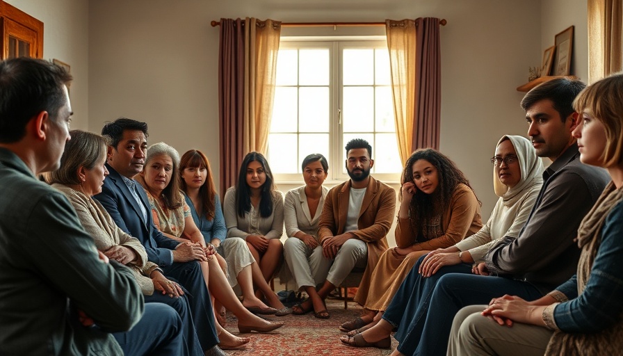 Group of people sitting together in a circle, natural light indoor setting.